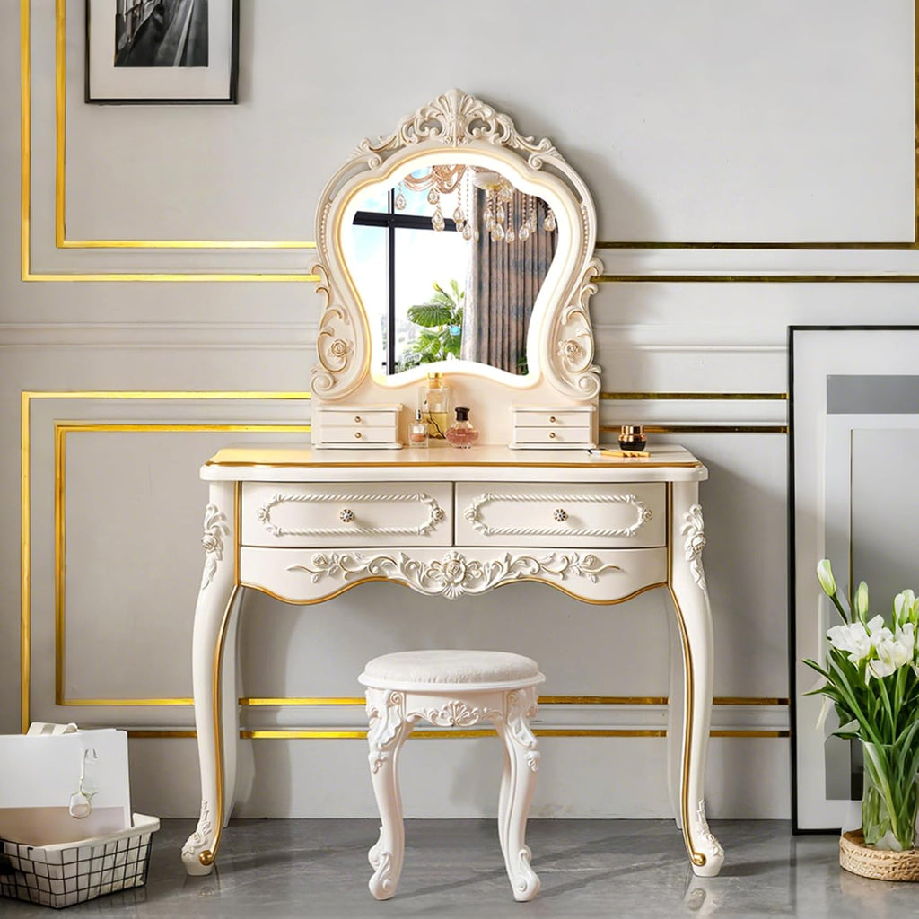 Mid Century Vanity Table with Mirror and Stool, Makeup Vanity Desk with Lights and Drawers for Jewelry & Cosmetics, Vintage European Vanities & Vanity Benches for Bedroom,Widths: 39.4'