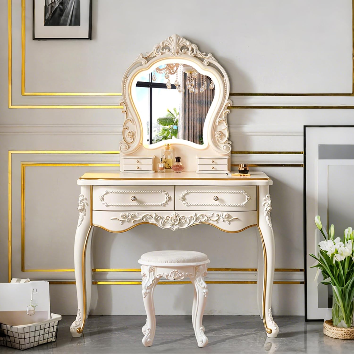 Mid Century Vanity Table with Mirror and Stool, Makeup Vanity Desk with Lights and Drawers for Jewelry & Cosmetics, Vintage European Vanities & Vanity Benches for Bedroom,Widths: 39.4'