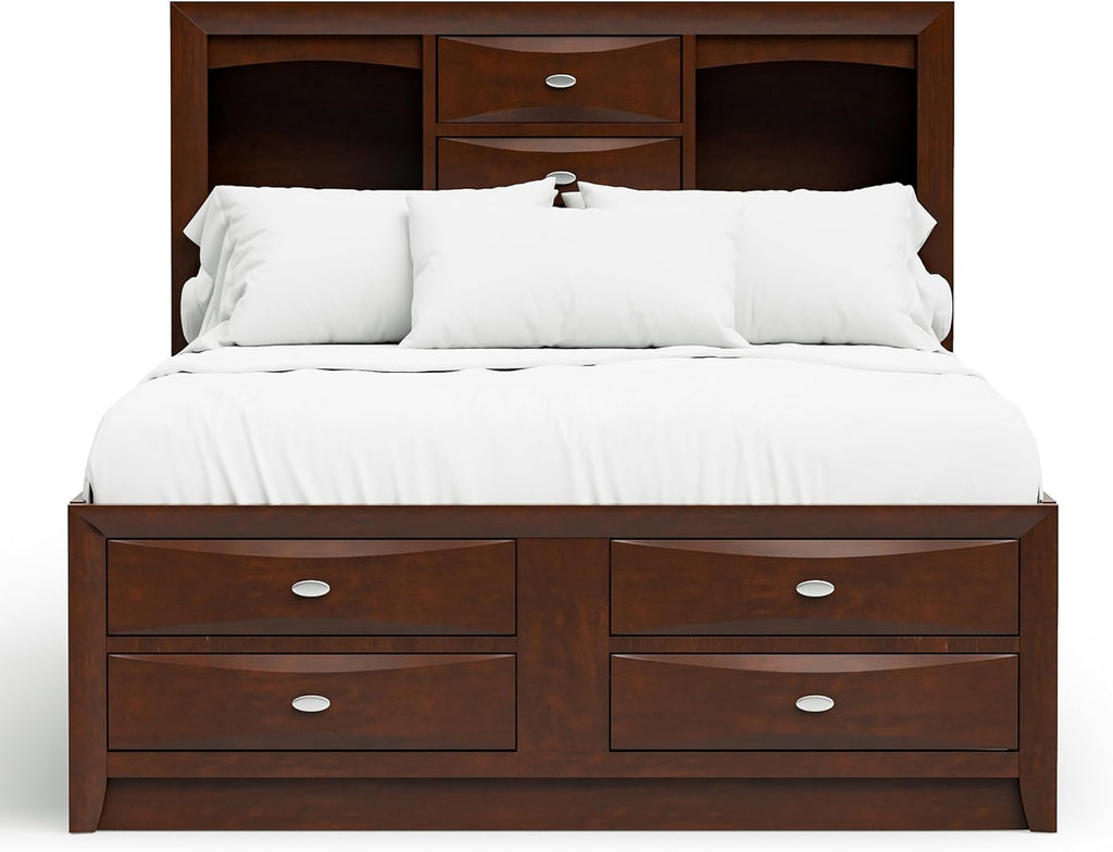 Furniture of America Darius Transitional Solid Wood 6-Piece King Platform Bedroom Set with Drawers, Bookcase Headboard and Knob Pulls, Mattress Ready, Dark Cherry