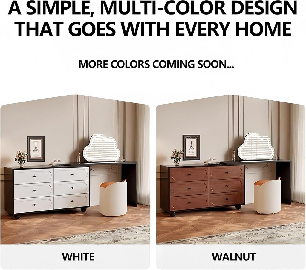 Vanity Desk Table with 3 Color Lighted Cloud-Shaped Smart Makeup Mirror, Corner Dresser Wide Tabletop with Retractable Design, Drawers Chest Installed Left or Right(White,W/o CHR,47.2in)