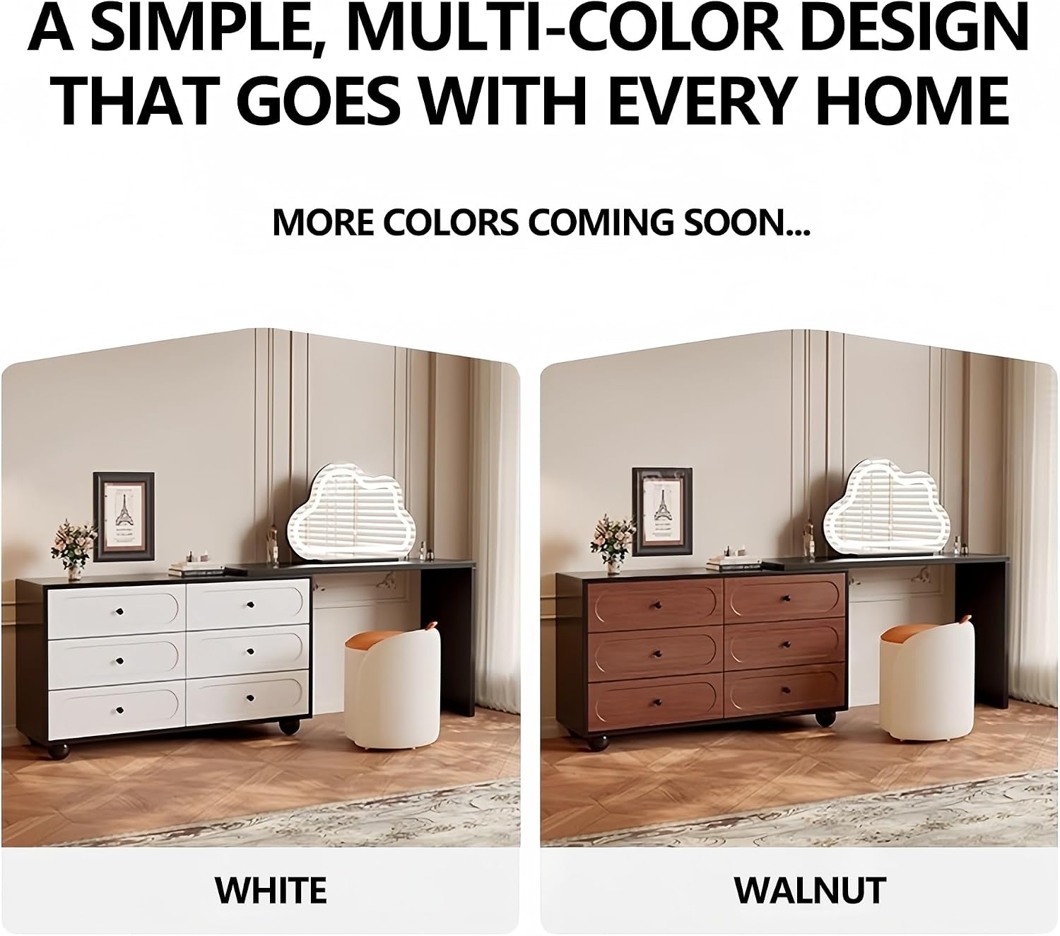Vanity Desk Table with 3 Color Lighted Cloud-Shaped Smart Makeup Mirror, Corner Dresser Wide Tabletop with Retractable Design, Drawers Chest Installed Left or Right(White,W/o CHR,47.2in)