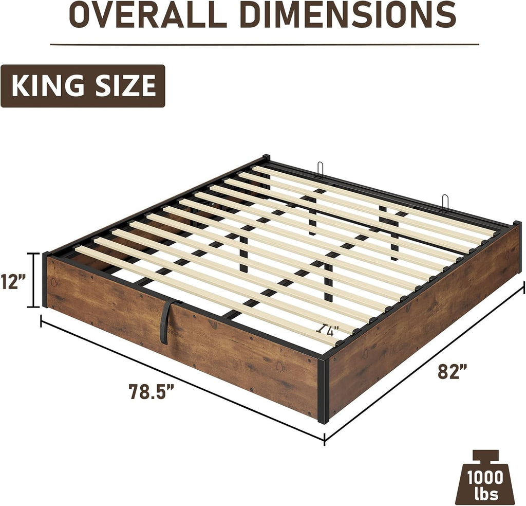 LUXOAK Lift Up Storage Bed Frame, King Size Wooden Slats Platform Bed Frame with Ample Storage Underneath, No Box Spring Needed, Noise Free, Rustic Brown