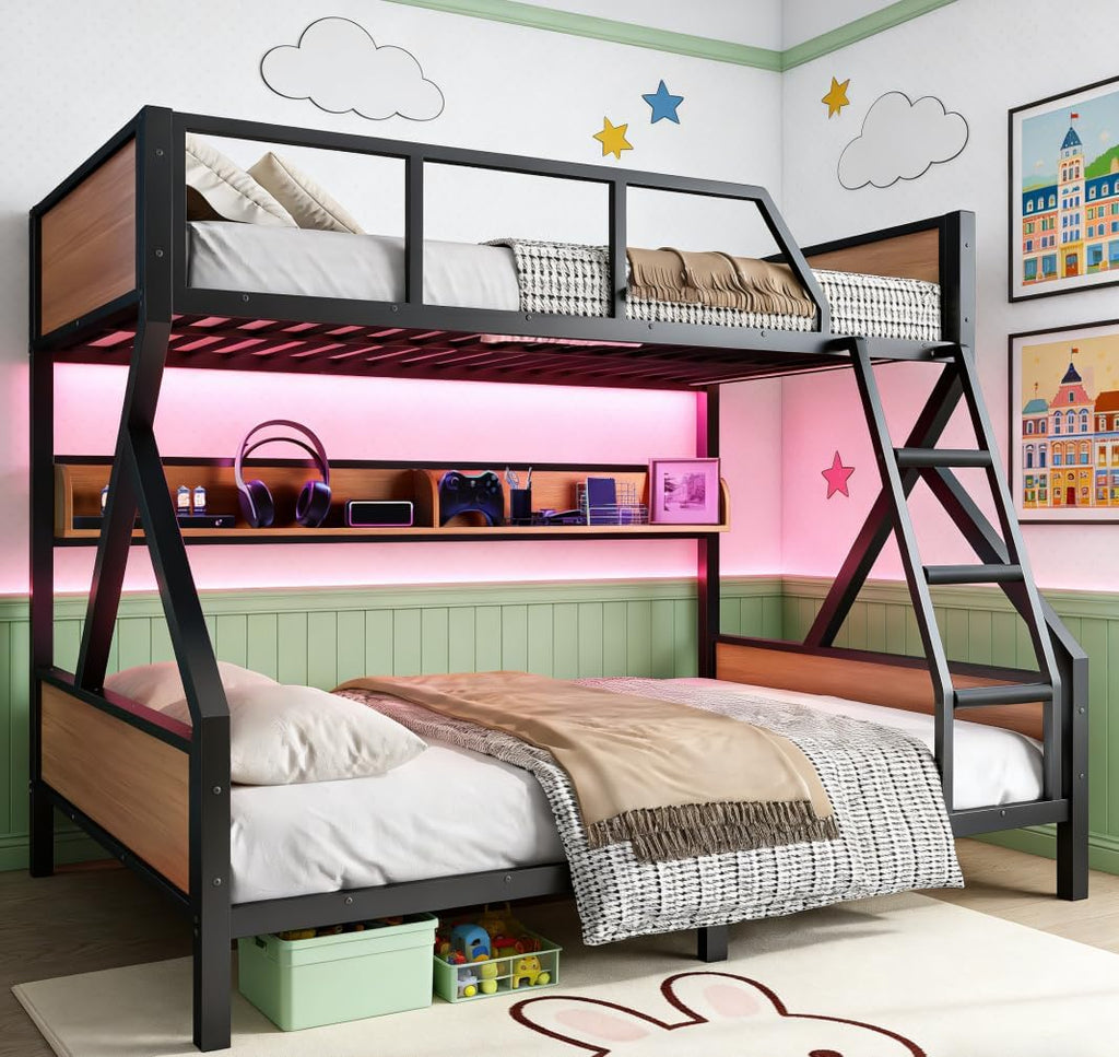 Bellemave Bunk Bed Full XL Over Queen with LED, Heavy Duty Metal Bunk BedFrame with Storage Shelves and Lights, Woodgrain+Black