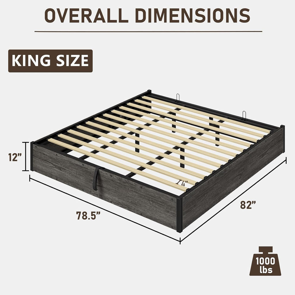 LUXOAK King Size Lift Up Storage Platform Bed Frame, Metal Bed Frame with Wooden Slats Support, No Box Spring Needed, Large Storage Space, Noise Free, Easy Assembly, Rustic Grey