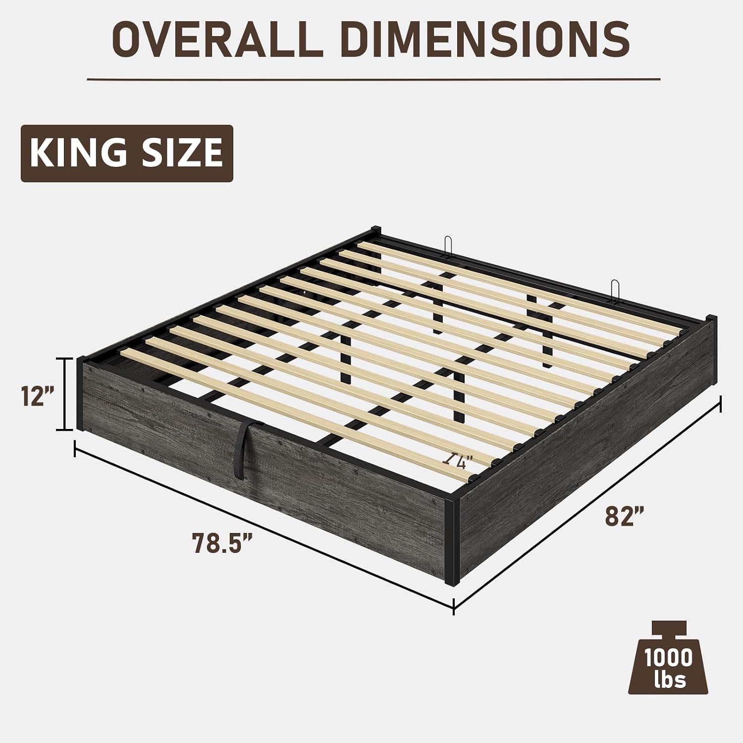 LUXOAK King Size Lift Up Storage Platform Bed Frame, Metal Bed Frame with Wooden Slats Support, No Box Spring Needed, Large Storage Space, Noise Free, Easy Assembly, Rustic Grey