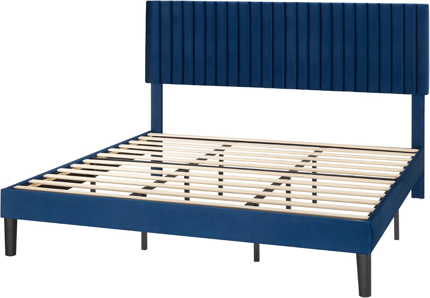 SHA CERLIN King Upholstered Platform Bed Frame with Vertical Channel Tufted Velvet Fabric Adjustable Headboard, Wooden Slats Support, Mattress Foundation, Box Spring Optional, Blue