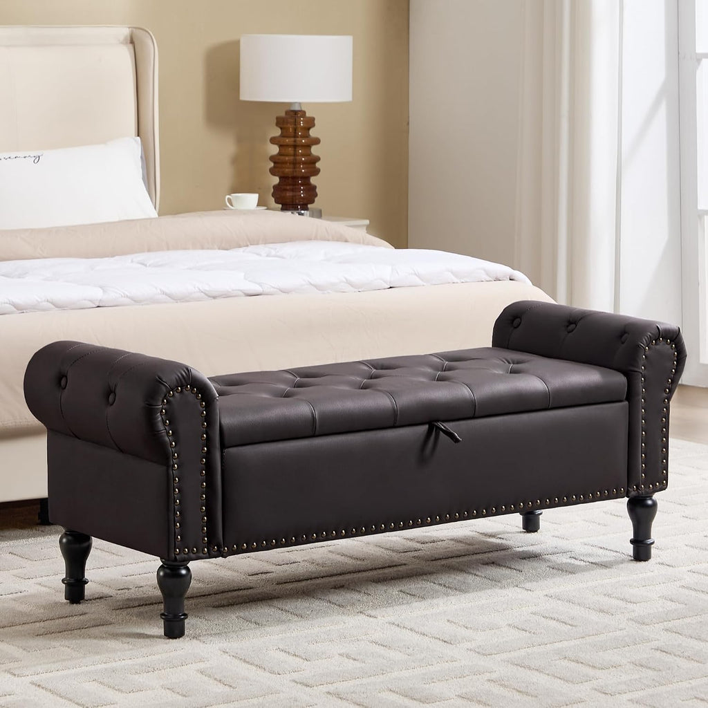 51' Storage Bench for Bedroom, Faux Leather End of Bed Bench, Queen Size Bench with Rolled Arms, Tufted Storage Ottoman Benches, Upholstered Bench for Bedroom, Living Room, Entryway, Dark Brown