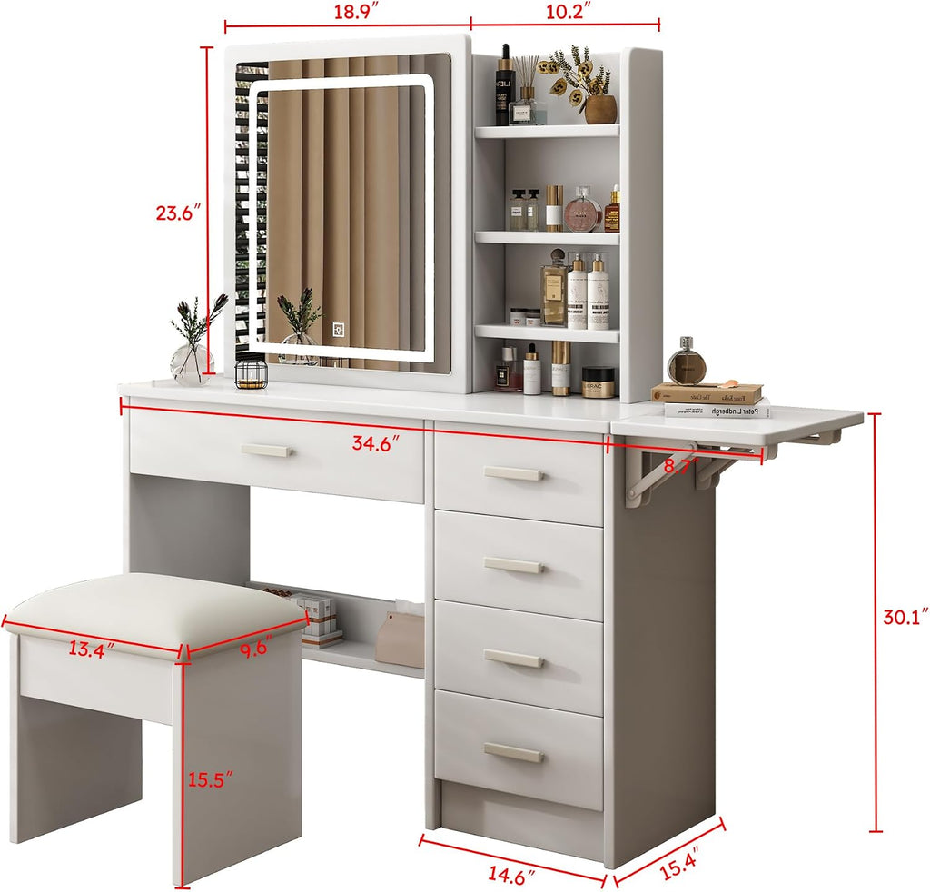 43.3' Vanity Desk with Mirror and Lights, Sliding 3 Colors Lighted Mirror, Vanity Desk Set with Stool, 5 Drawers and Foldable Table Board, to Store Jewelry and Makeup for Bedroom&Dressing Room