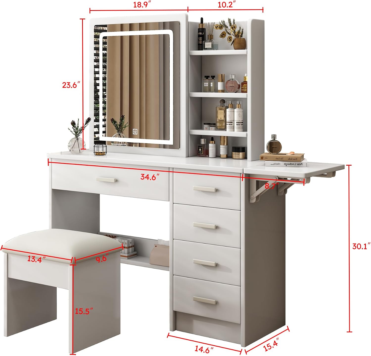 43.3' Vanity Desk with Mirror and Lights, Sliding 3 Colors Lighted Mirror, Vanity Desk Set with Stool, 5 Drawers and Foldable Table Board, to Store Jewelry and Makeup for Bedroom&Dressing Room