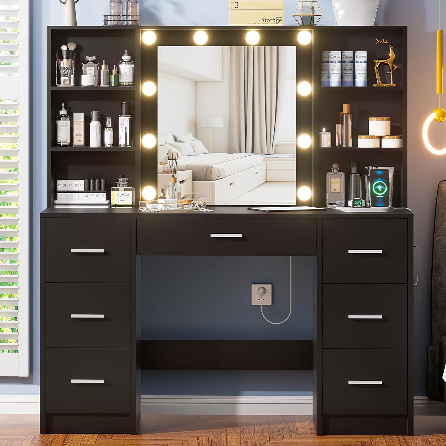 Black Vanity Desk with Mirror and Lights, 3 Lighting Modes Brightness Adjustable, Makeup Vanity Table with 7 Drawers, 6 Shelves and Power Outlet, Girls Vanity, Dressing Table for Bedroom