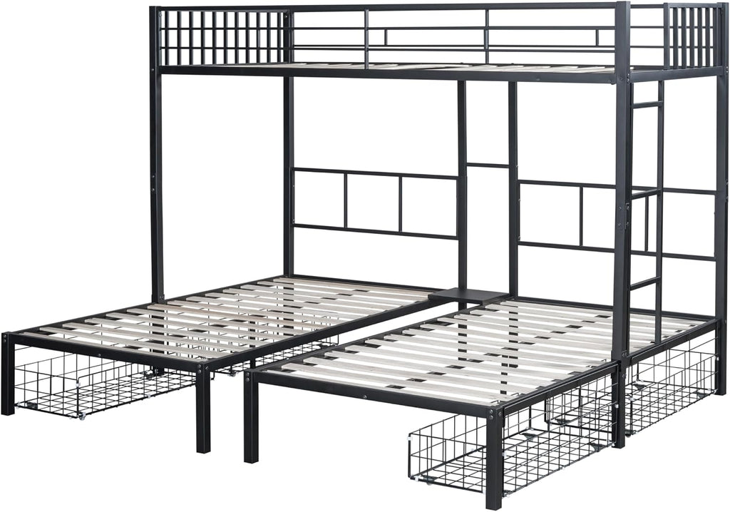 PVWIIK Heavy-Duty Triple Bunk Bed with 2 Storage Drawers & USB Charging Station,LED Triple Bunk Bed Frame with Built-in Ladder & Full-Length Guardrails,Easy to Assemble,Space Saving, Black