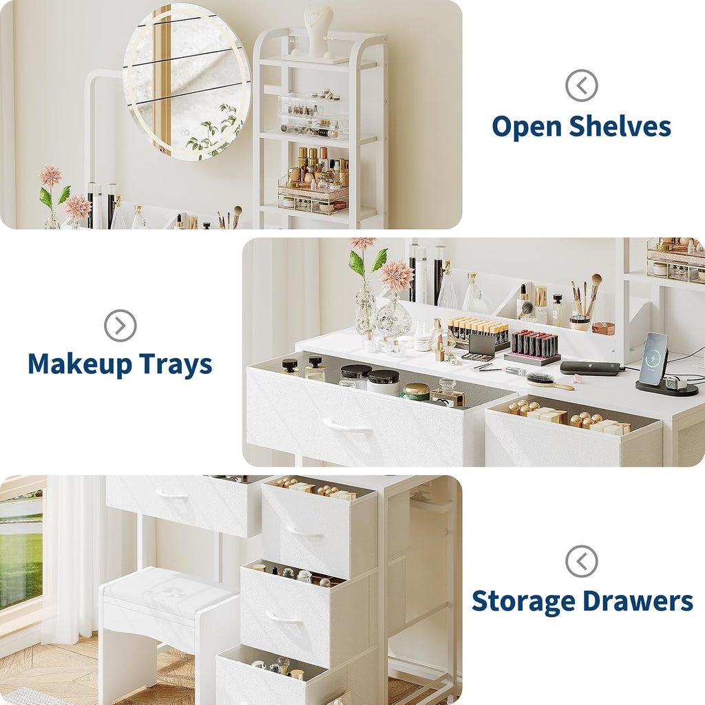 Patikuin Makeup Vanity with LED Mirror & Power Outlet, Small Dressing Table Set with Drawers & Shelves, Vanity Desk for Bedroom Beauty Corner