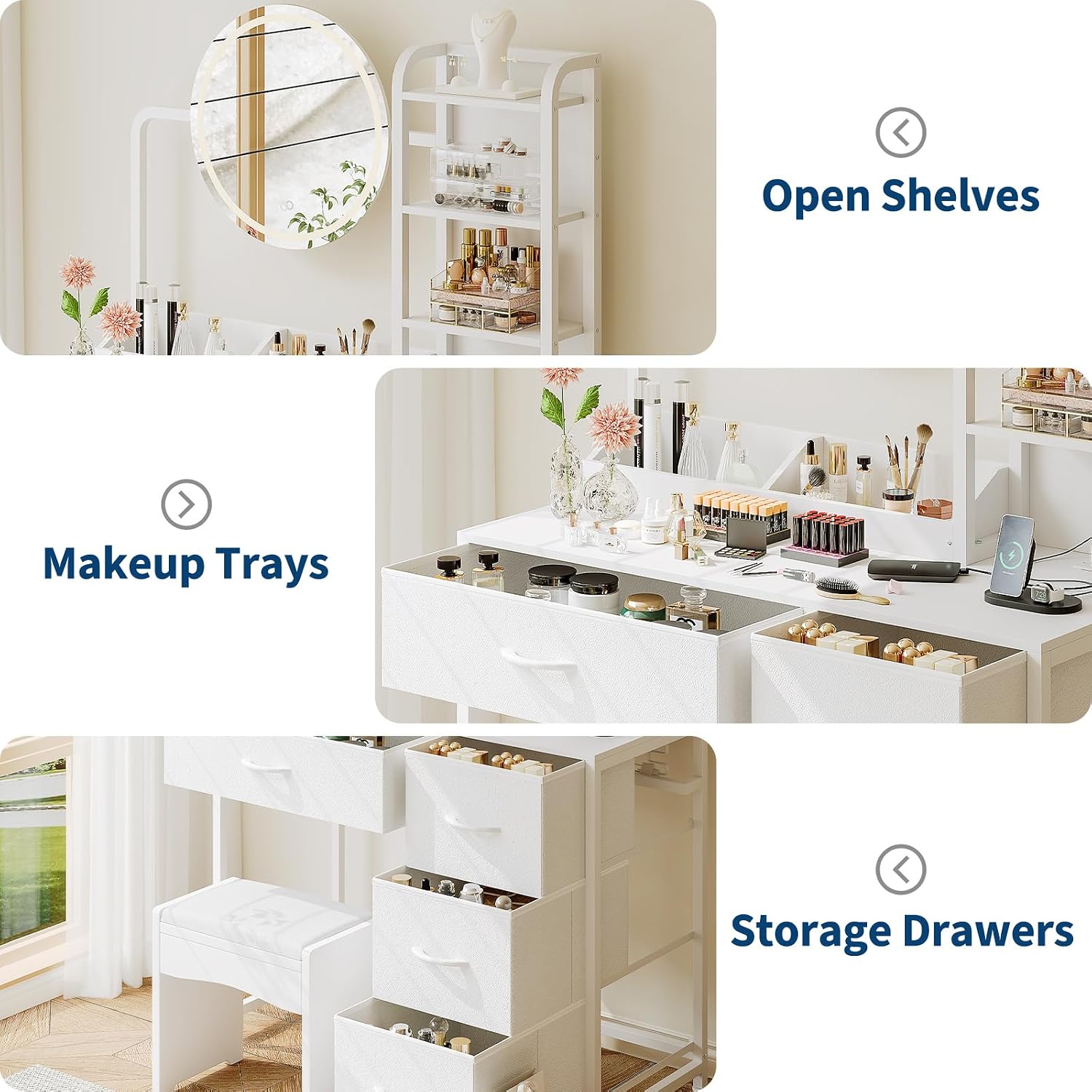Patikuin Makeup Vanity with LED Mirror & Power Outlet, Small Dressing Table Set with Drawers & Shelves, Vanity Desk for Bedroom Beauty Corner