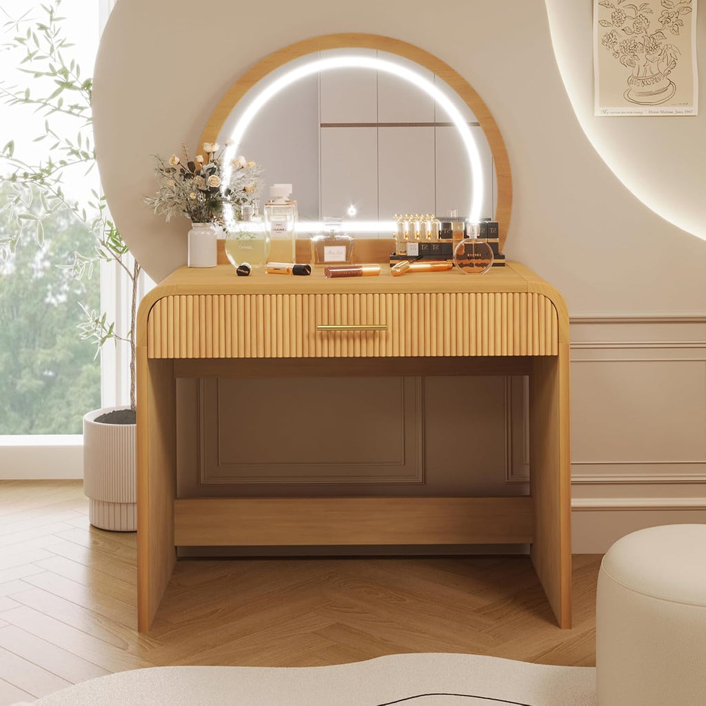 JIJIWANG 39' Makeup Vanity Table with Mirror Touch Screen Lighted Mirror, Dressing Table with Drawer for Bedroom, (Natural, 39' L x 20.1' W x 52.7' H)