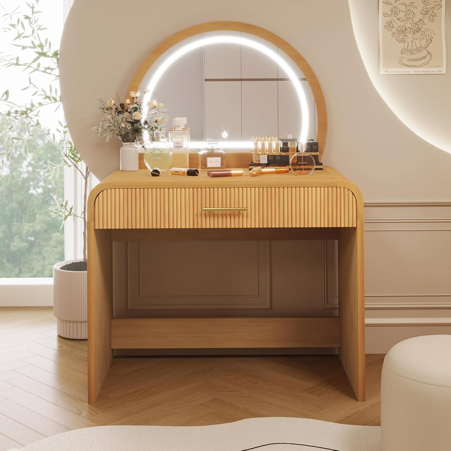 JIJIWANG 39' Makeup Vanity Table with Mirror Touch Screen Lighted Mirror, Dressing Table with Drawer for Bedroom, (Natural, 39' L x 20.1' W x 52.7' H)