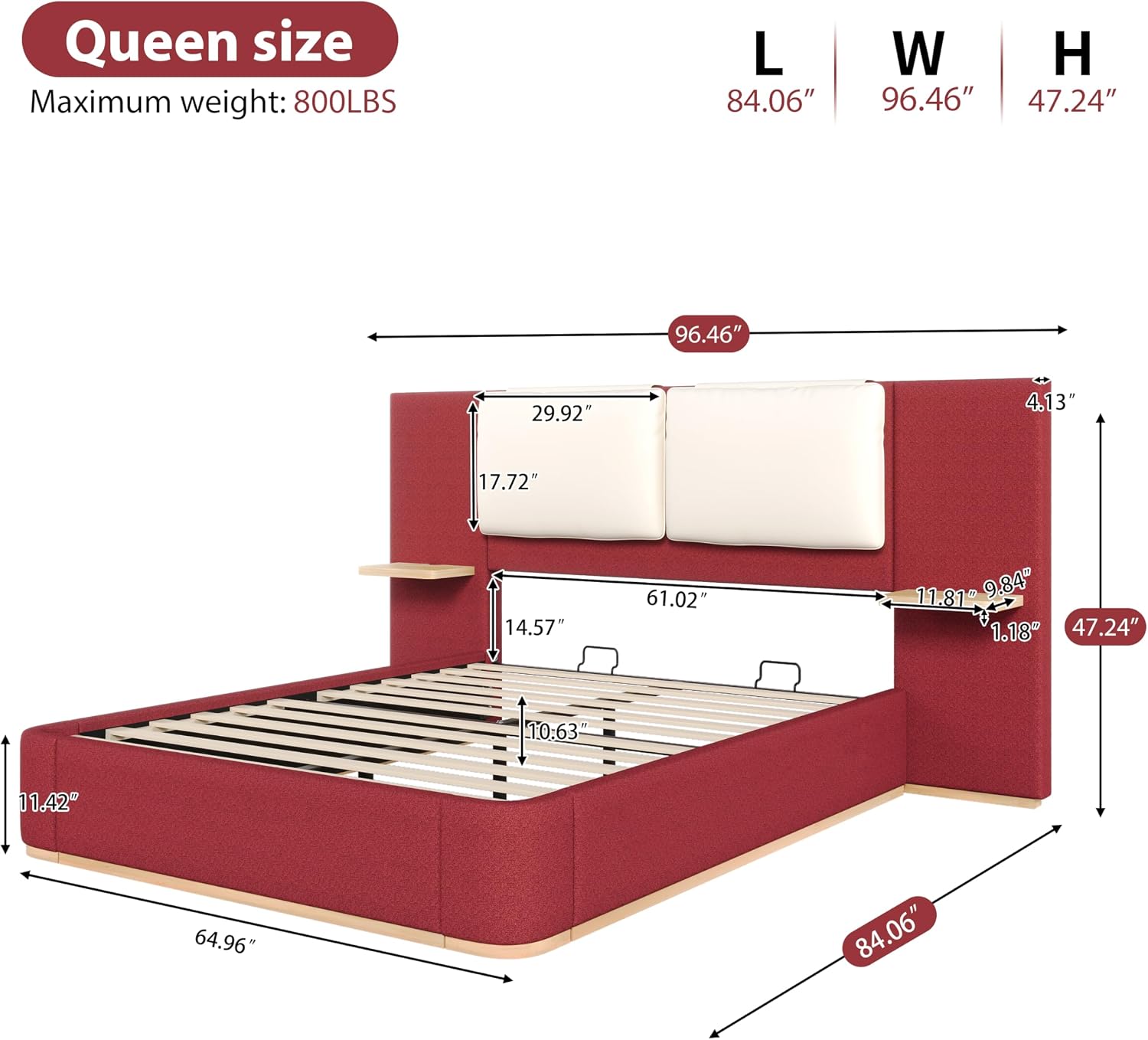 Luxury Bed Frame with Nightstands Modern Bedroom Set, Red Queen Size Floor Platform Bed with Oversize Soft Upholstered Tall Headboard Bedframe, No Box Spring Needed (Red, Queen)
