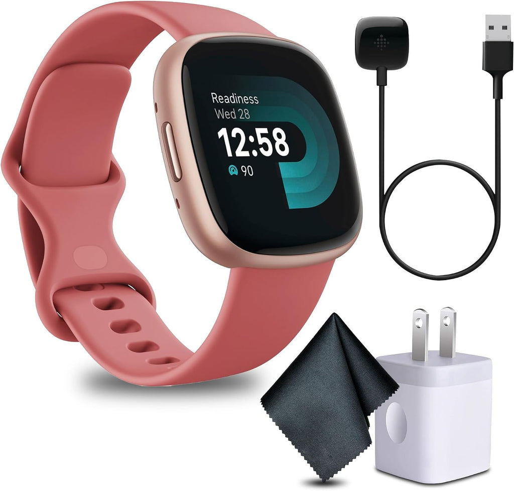 Fitbit 2 Pack Versa 4 Fitness Smartwatch with Daily Readiness, GPS, 24/7 Heart Rate, 40+ Exercise Modes, Fit Bit Smart Watch Pink Sand/Copper Rose Bundle with Cleaning Cloth and Charger