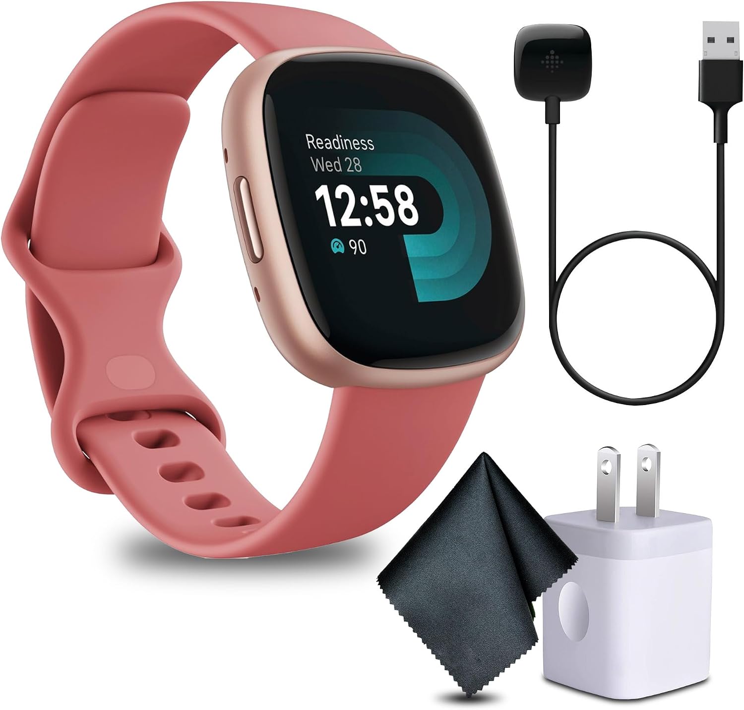 Fitbit 2 Pack Versa 4 Fitness Smartwatch with Daily Readiness, GPS, 24/7 Heart Rate, 40+ Exercise Modes, Fit Bit Smart Watch Pink Sand/Copper Rose Bundle with Cleaning Cloth and Charger