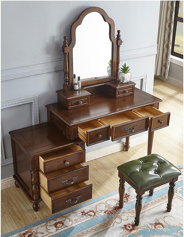 Vanity Desk Vintage Solid Wood Vanity Table with Makeup Mirror Stool & Dresser Chic Bedroom Retro Desk