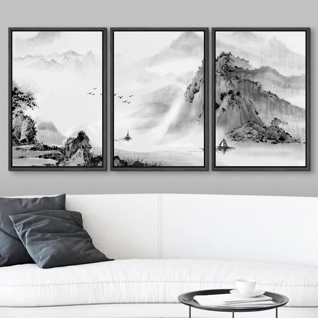 wall26 Framed Canvas Print Wall Art Set Black & White Chinese Ink Rainforest Nature Wilderness Illustrations Modern Art Cultural Scenic Relax/Calm for Living Room, Bedroom, Office - 16'x24'x3 Black