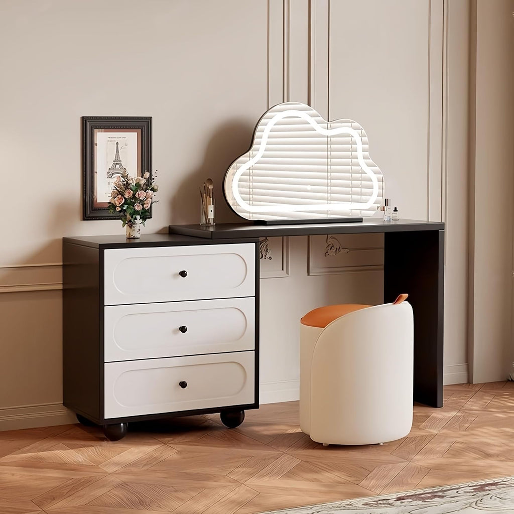Vanity Desk Table with 3 Color Lighted Cloud-Shaped Smart Makeup Mirror, Corner Dresser Wide Tabletop with Retractable Design, Drawers Chest Installed Left or Right(Walnut,W/CHR,23.6in)