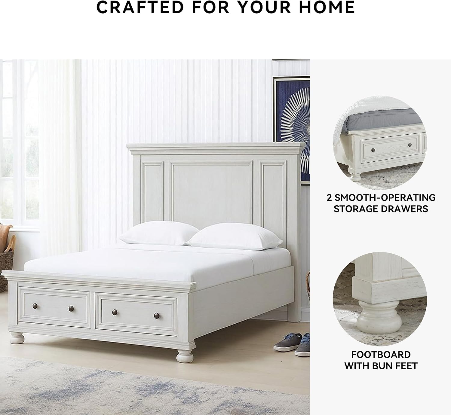 Signature Design by Ashley Robbinsdale Casual 2-Drawer Queen Platform Storage Bed, Foundation or Box Spring Not Needed, White