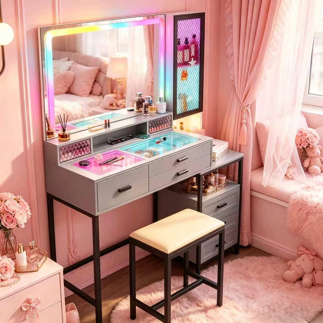 Makeup Vanity Desk with Large Mirror, Glass Top Vanity Table Set with RGB 24 Color Dimmable Lights, Dressing Table with 6 Drawers and Cushioned Stool (Grey)