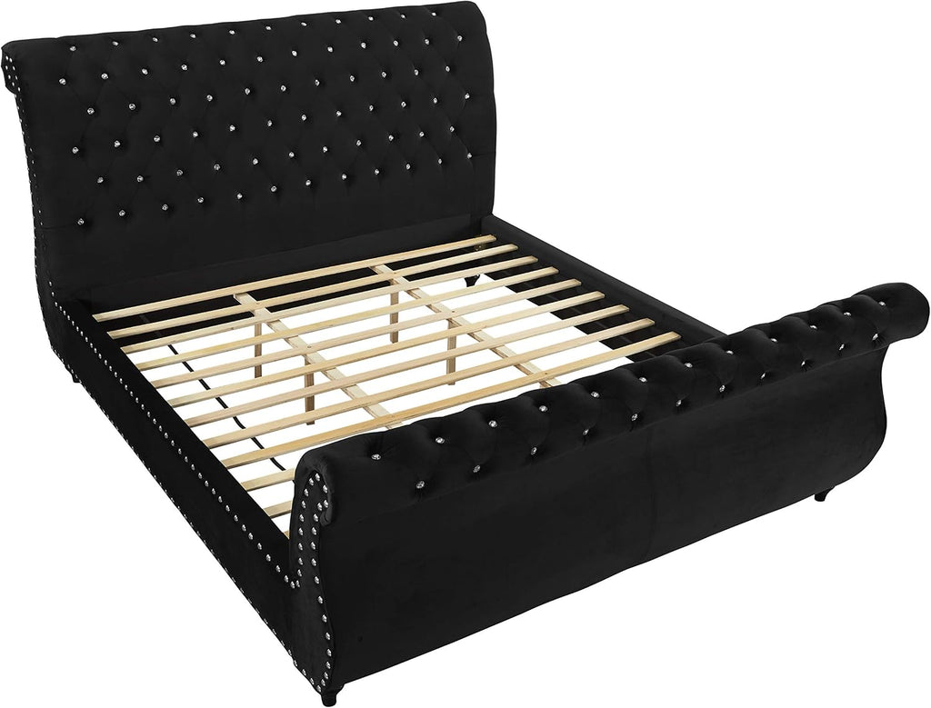 Evora Black Velvet Upholstered Crystal Button Tufted Sleigh Bed, Queen Size