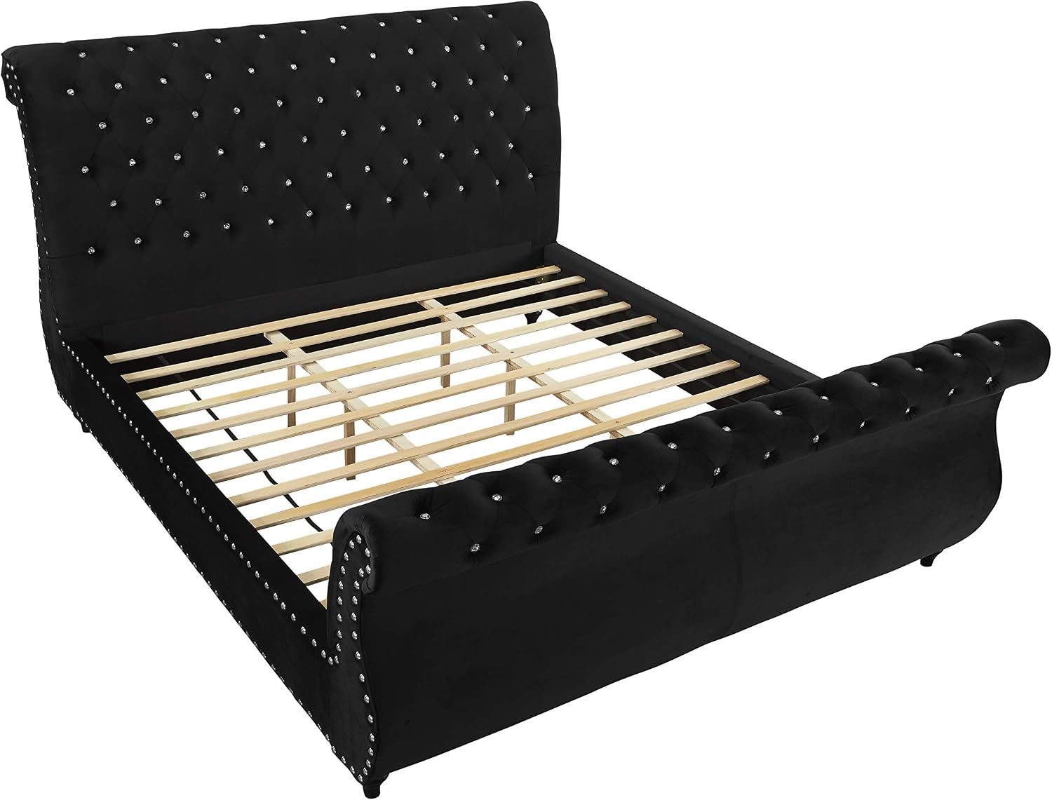 Evora Black Velvet Upholstered Crystal Button Tufted Sleigh Bed, Queen Size