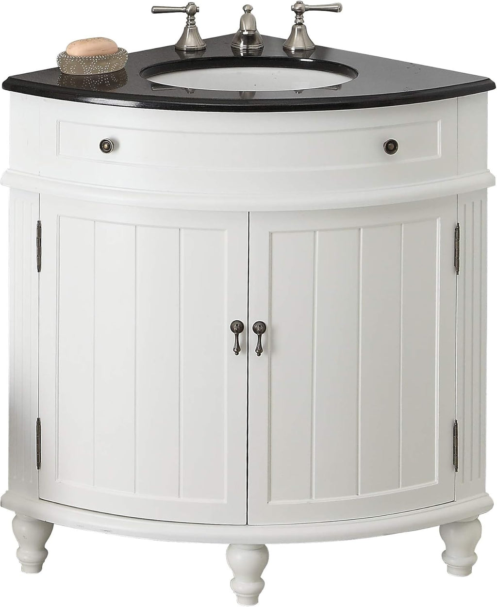 Tennant Brand 24-Inch Triadsville Free Standing Corner Bathroom Sink Vanity for Small Space, Fully Assembled, White Porcelain with Black Granite Top, White Cabinet