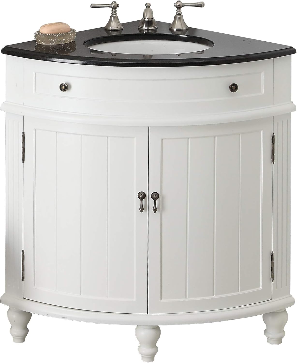 Tennant Brand 24-Inch Triadsville Free Standing Corner Bathroom Sink Vanity for Small Space, Fully Assembled, White Porcelain with Black Granite Top, White Cabinet