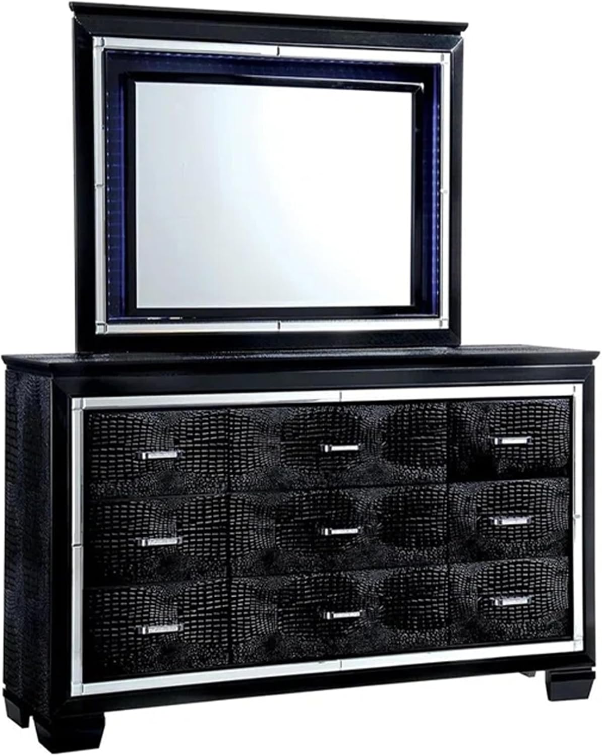 Benjara Kae 4 Piece King Bedroom Set- LED and Mirror Trim- Textured- Black
