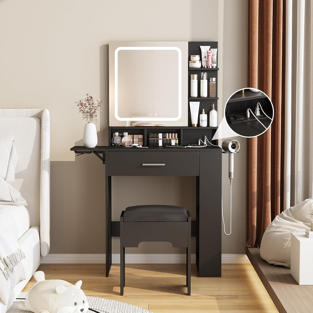 Fameill Vanity Desk with Mirror and Lights, Small Makeup Vanity with Drawer & Lots Storage Shelves, Black Dresser Table with Charging Station & Time Display, Vanity Set with Chair, for Bedroom