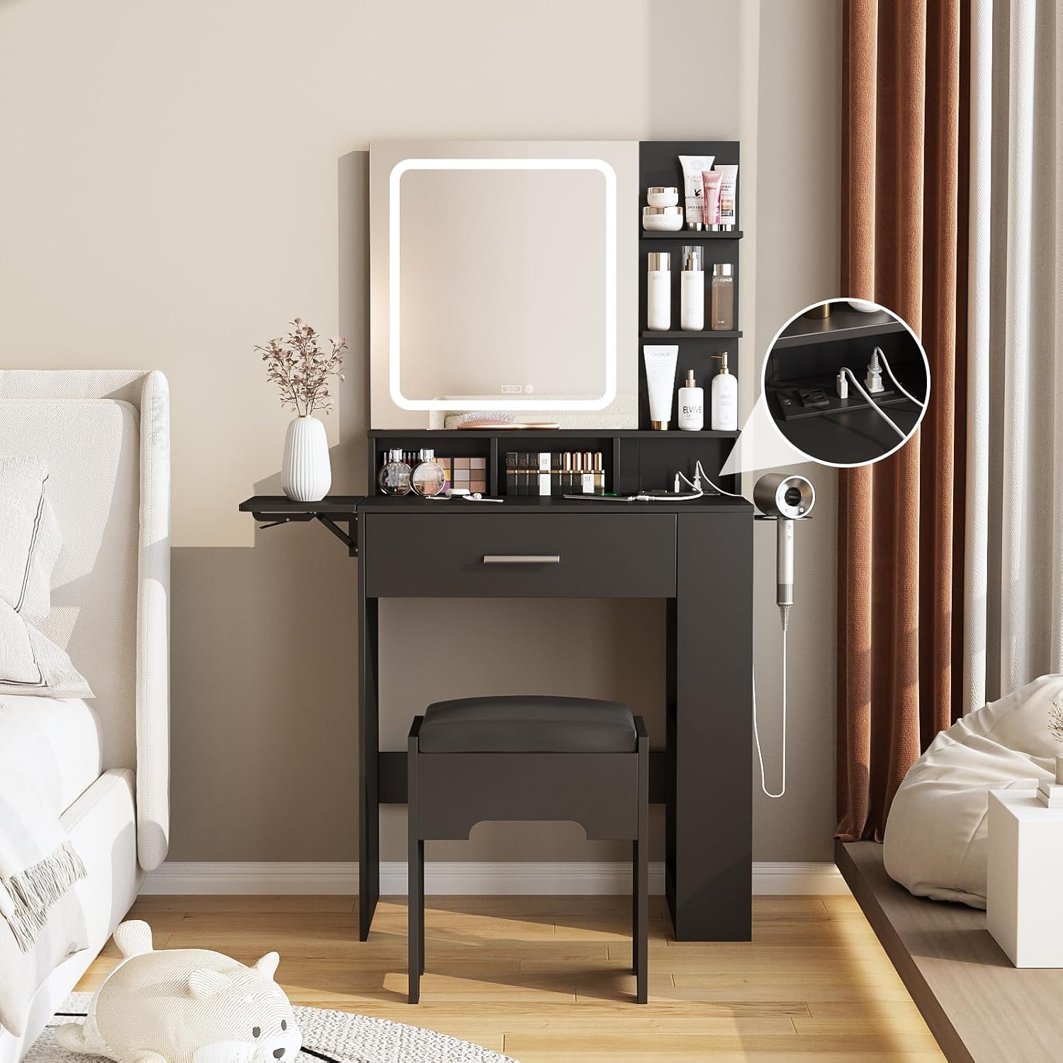 Fameill Vanity Desk with Mirror and Lights, Small Makeup Vanity with Drawer & Lots Storage Shelves, Black Dresser Table with Charging Station & Time Display, Vanity Set with Chair, for Bedroom