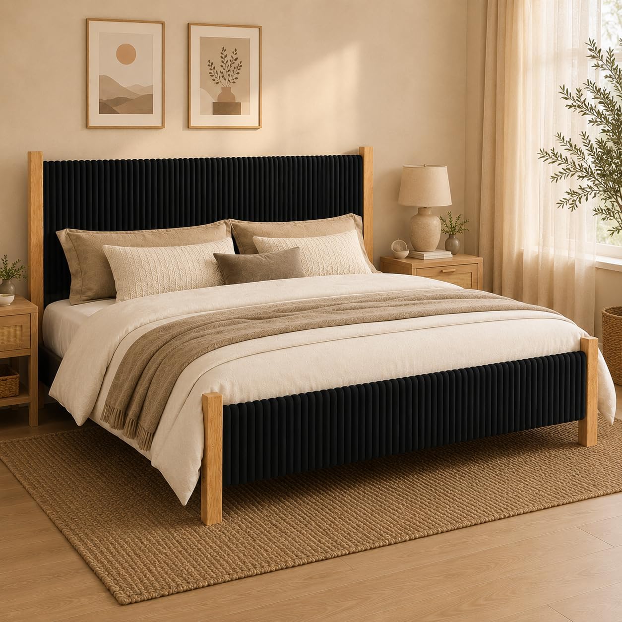 HOMBCK Bed Frame Full Size with Headboard, Corduroy Upholstered Full Bed Frame, No Box Spring Needed, 4 Solid Wood Support, Noise-Free, Easy Assembly for Teens, Apartments, Black