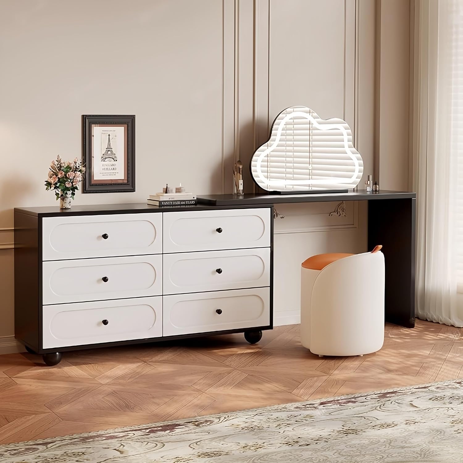 Vanity Desk Table with 3 Color Lighted Cloud-Shaped Smart Makeup Mirror, Corner Dresser Wide Tabletop with Retractable Design, Drawers Chest Installed Left or Right(Walnut,W/o CHR,47.2in)