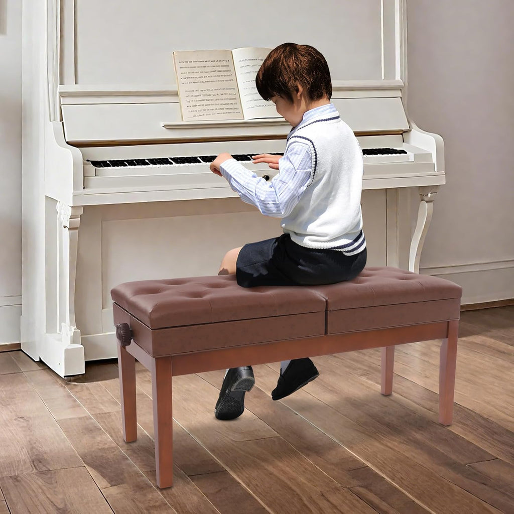 AngelcityCC Longer Duet Piano Bench with Storage, Adjustable Height Double Keyboard Piano Bench Seat with PU Leather Cushion