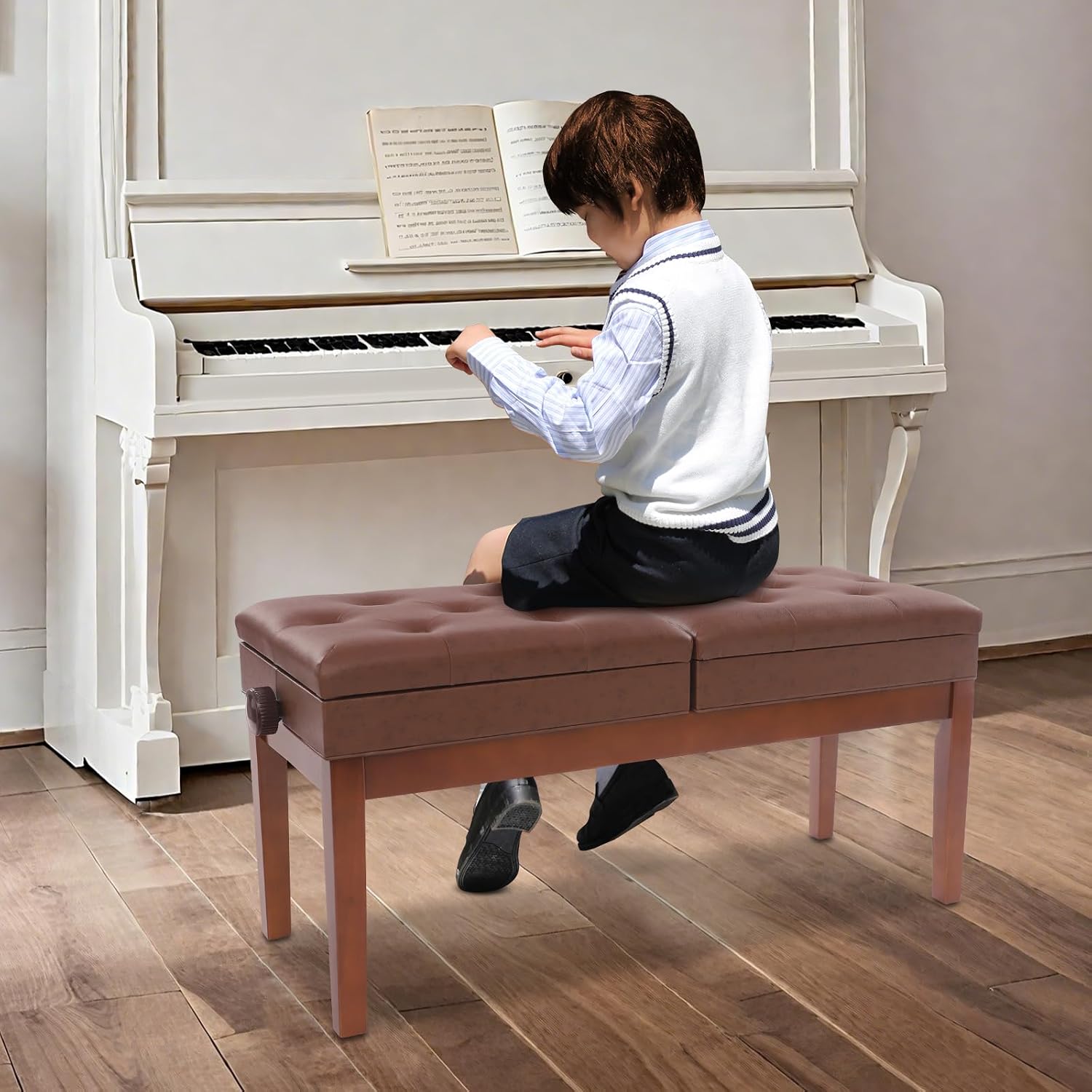 AngelcityCC Longer Duet Piano Bench with Storage, Adjustable Height Double Keyboard Piano Bench Seat with PU Leather Cushion
