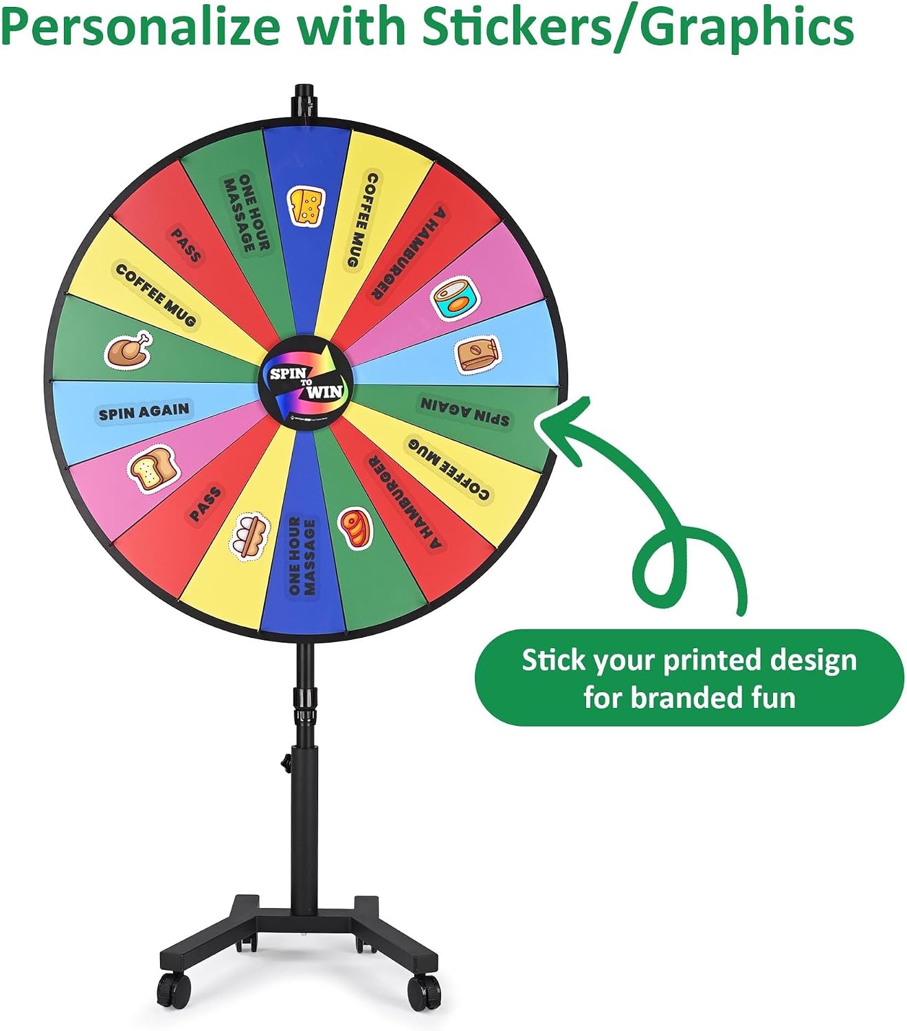 WinSpin 48' Large Giant Spinning Prize Wheel w/Mobile Base, Customizable Logo Prize Wheel Spinner with Stand for Trade Show Commercial Brand Opening Events Carnival, 18 Slots