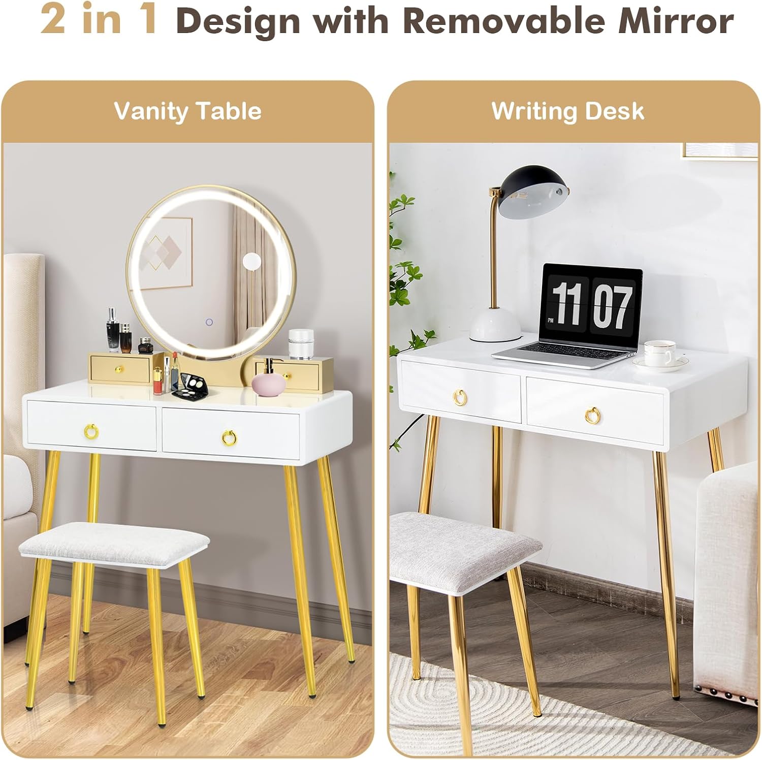 COSTWAY Vanity Table Set with Mirror and Lights, Makeup Dressing Table w/ 3 Color Lighting Modes & Adjustable Brightness, Vanity Mirror with Desk and Cushioned Stool for Women Girls (White & Gold)