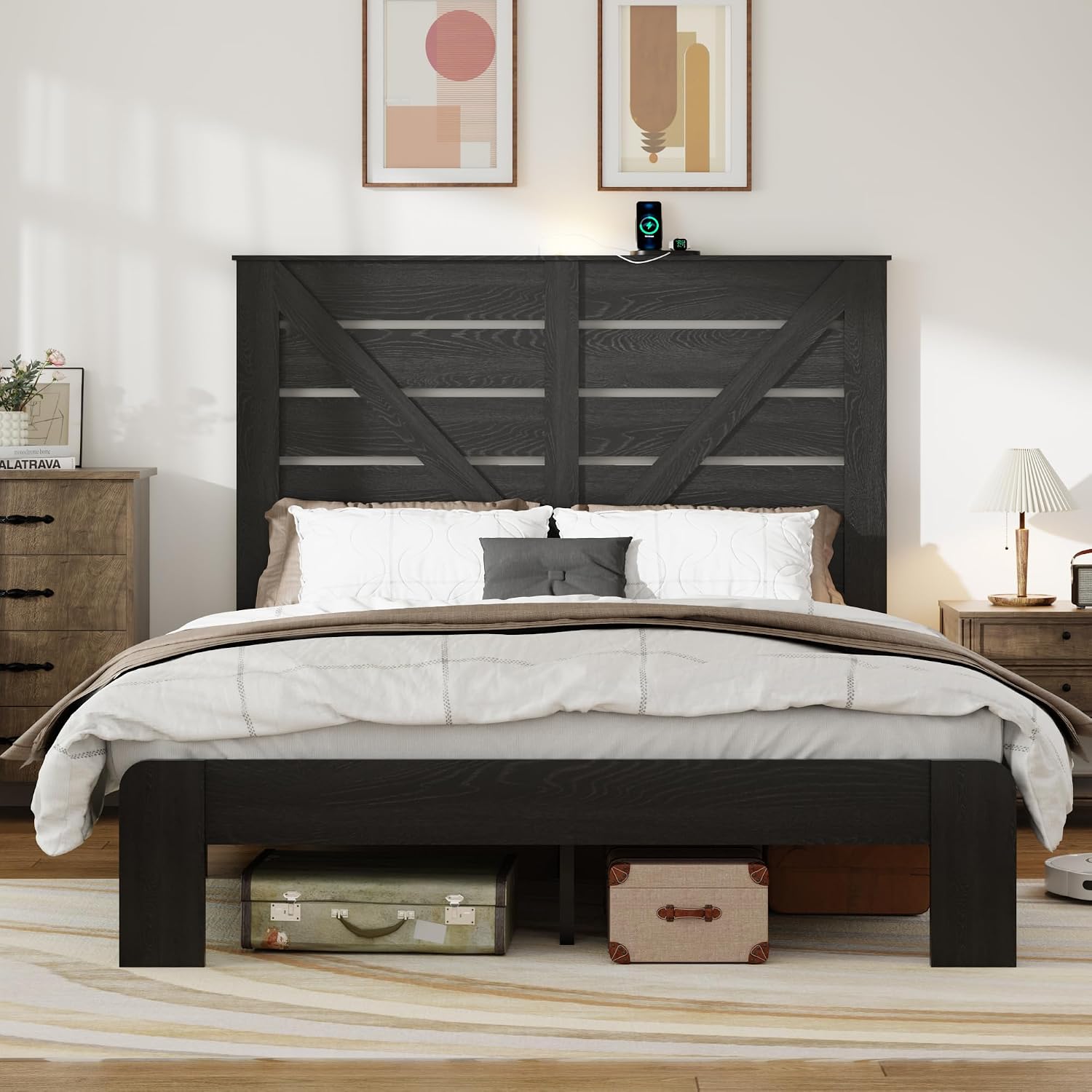 Full Size Wooden Bed Frame with Headboard, Rustic Farmhouse Platform Bedframe with Metal Slat Support, Under Bed Storage Space, Easy Assembly, Noisy Free (Black, Full)