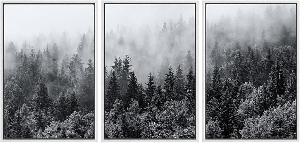 SIGNWIN Framed Canvas Print Wall Art Set Black & White Misty Mountain Forest Nature Wilderness Photography Modern Art Chic Landscape Relax/Calm for Living Room, Bedroom, Office - 16'x24'x3 White