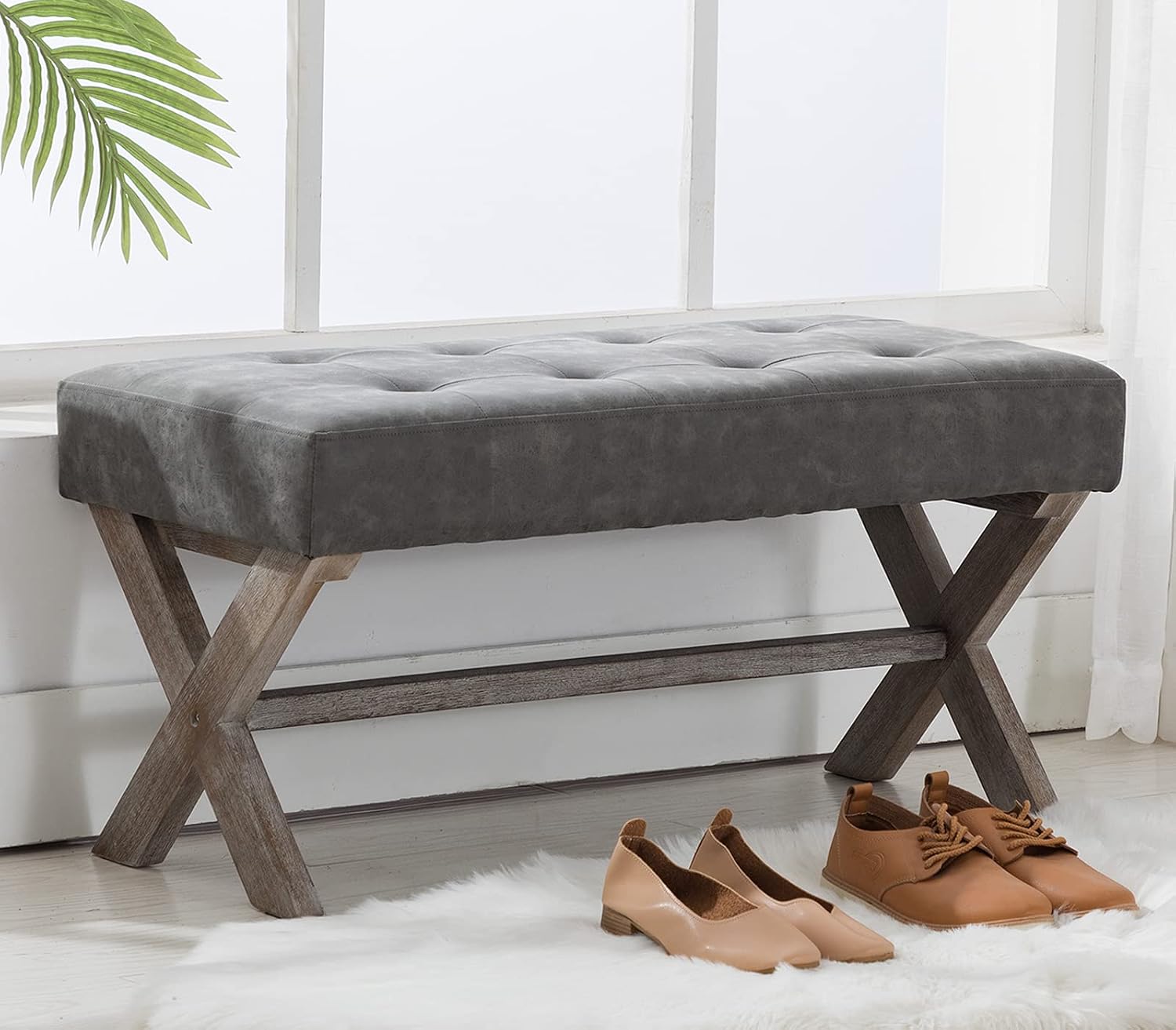 chairus PU Leather Upholstered Entryway Bench, 36 inch Bedroom Bench Seat with X-Shaped Wood Legs for Living Room, Foyer or Hallway - Gray