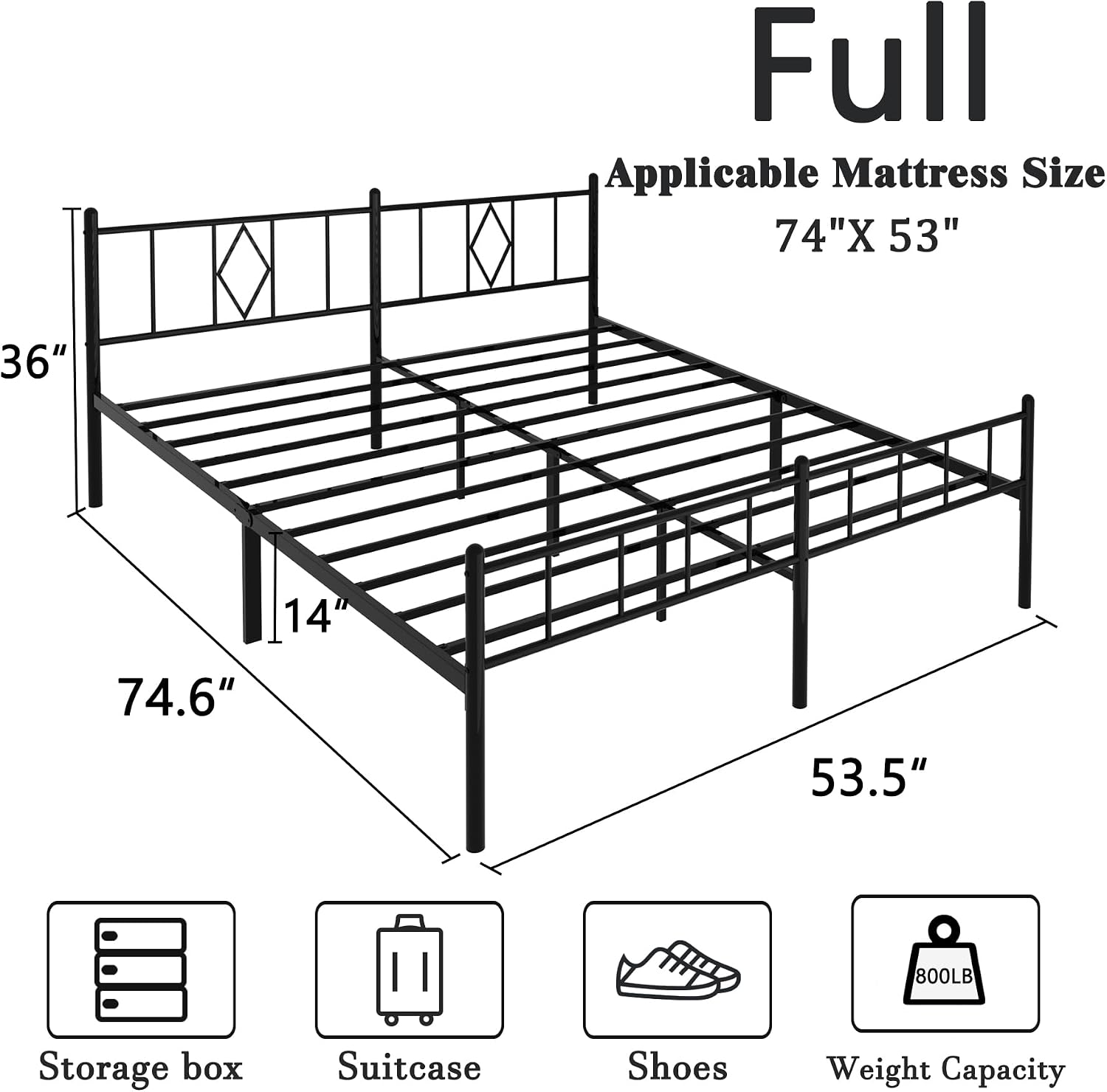 14 Inch Full Size Bed Frames with Headboard/Footboard，Metal Slats Support No Box Spring Needed Easy to Assemble/Under Bed Storage Space/Full Size Black