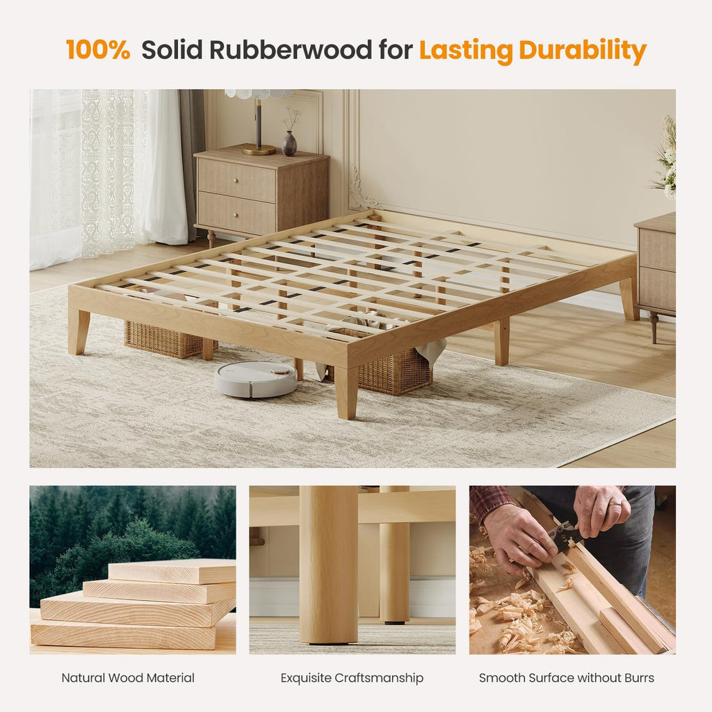 Queen Size Wood Platform Bed Frame, 12 Inch Solid Wood Bed Frame with Wooden Slats, No Box Spring Needed, Easy Assembly, Rustic Pine
