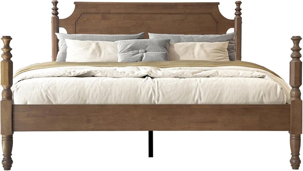 Solid Wood Queen Size Bed Frame with Headboard & Footboard, 12 Strong Slats, Center Metal Legs, Anti-Slip & Noise-Free Design, No Box Spring Needed, Quick Assemble, Barnwood Finish, ROQ-30