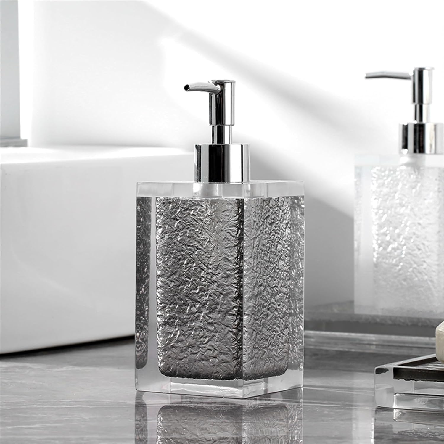 Beautiful Black Translucent Resin Bathroom Accessory Set, 4 Pieces Accessories Complete Vanity Countertop, Includes Soap Dispenser, Cup, Tissue Box and Tray Bathroom Decor