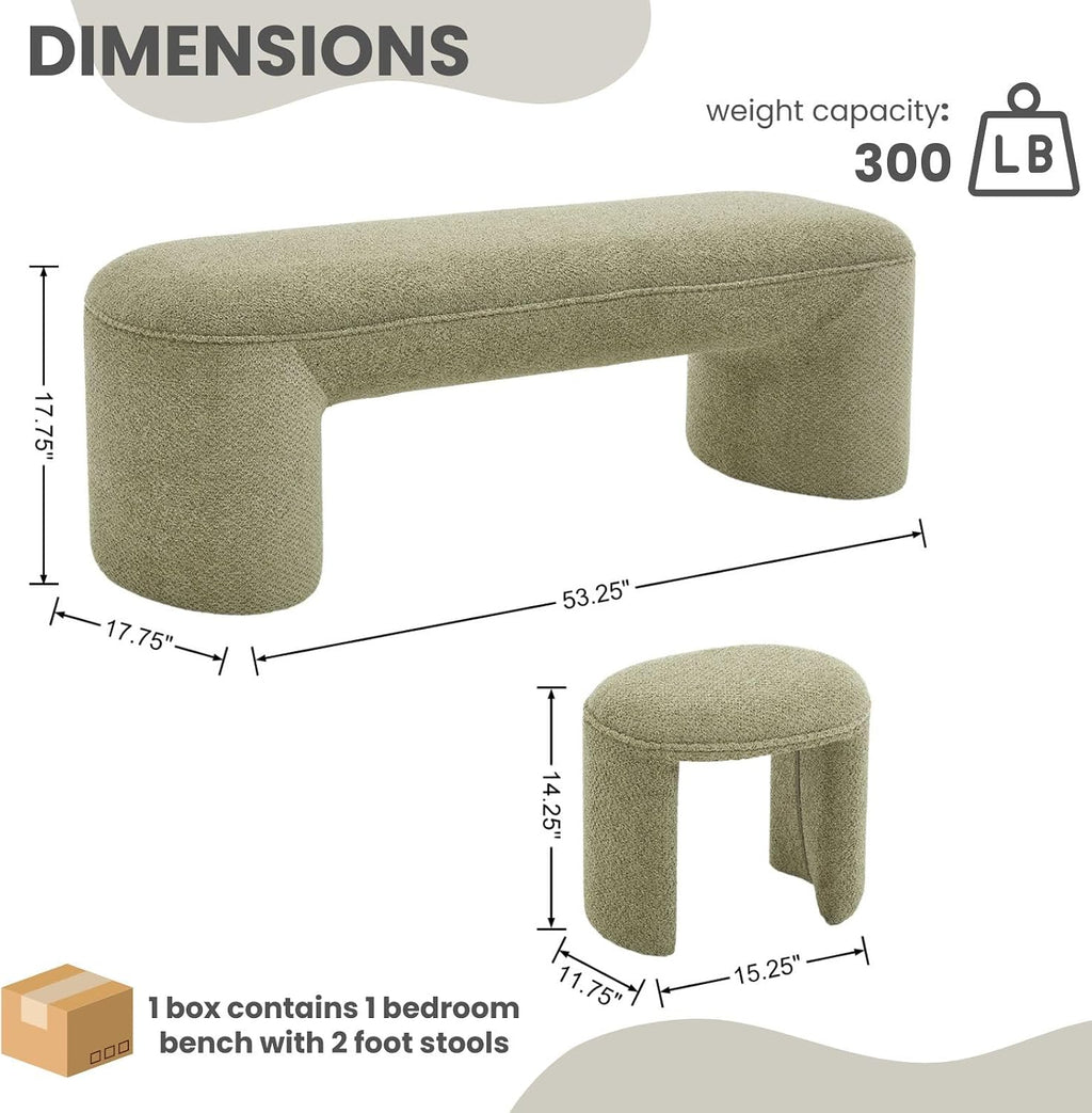 3-Piece Nesting Ottoman Bench Set，53' Long Upholstered End of Bed Bench with 2 15' Foot Stools Chenille Modern Arched Bench Comfy Entry Bench Vanity Stools for Living Room Bedroom, Green