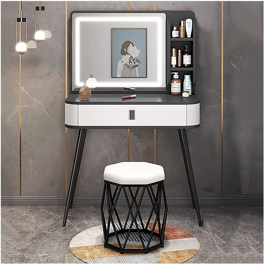 Rieort Vanity Desk MDF Vanity Table Set with Flip Top Lighted Mirror Makeup Table Cushioned Stool Home Nightstand Vanity Benches