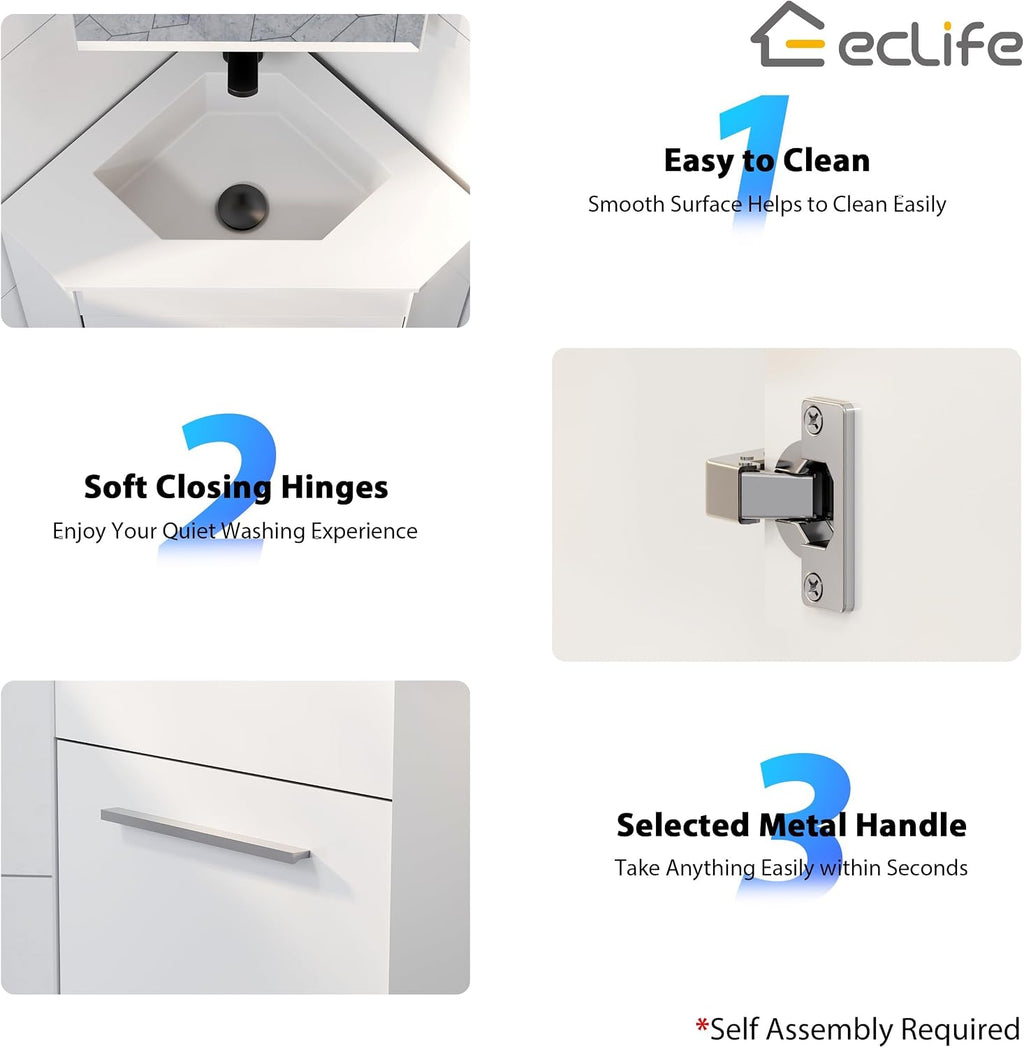eclife 26' Corner Bathroom Vanity Sink Combo for Small Space Freestanding Storage Cabinet with White Resin Sink and Matte Black Faucet, White